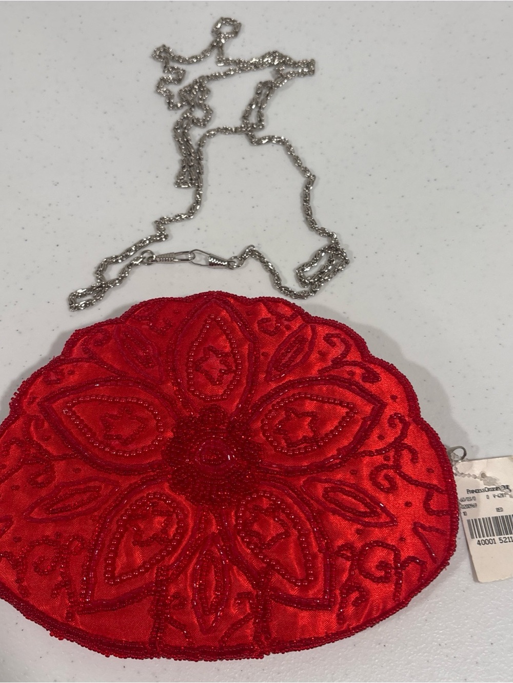 NWT Red Beaded Floral Evening Clutch with Chain Strap